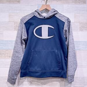 Champion Raglan Colorblock Tech Fleece Hoodie Blue Gray Pocket Boys Large